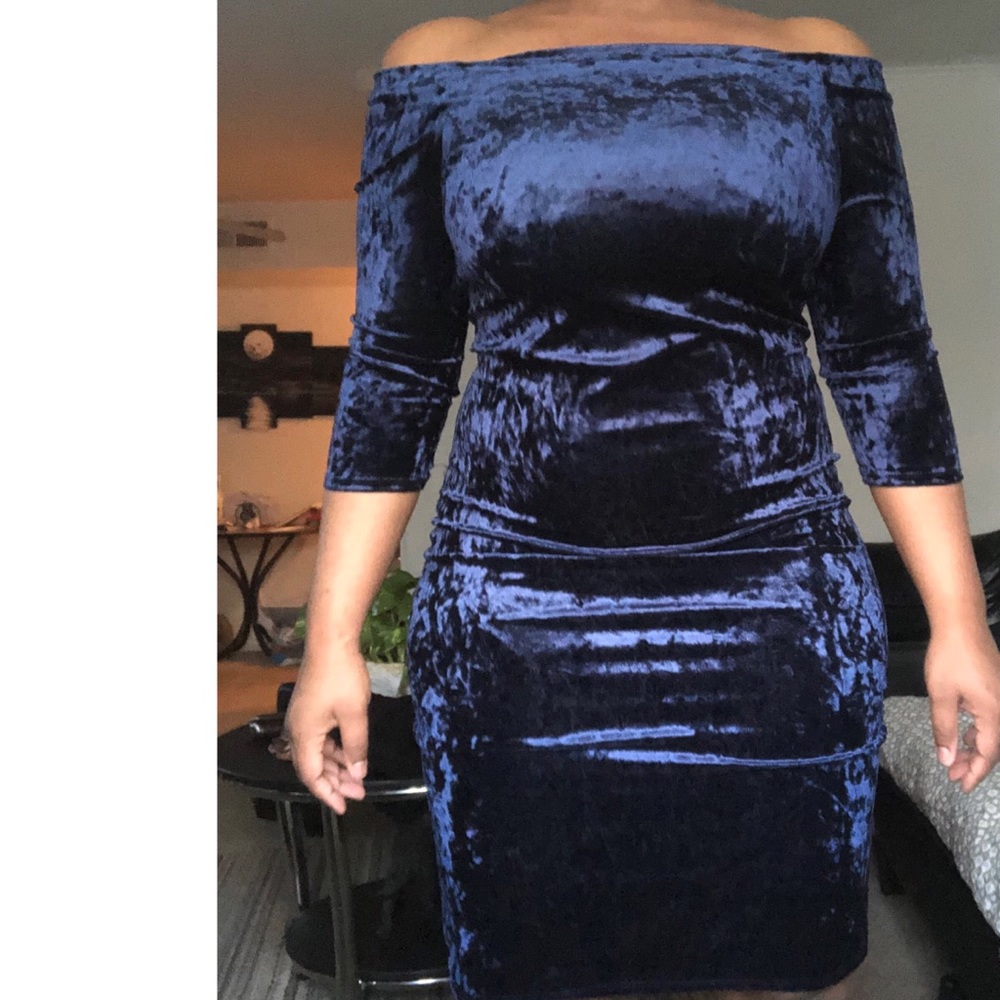 Suede off the shoulder solid dark blue dress